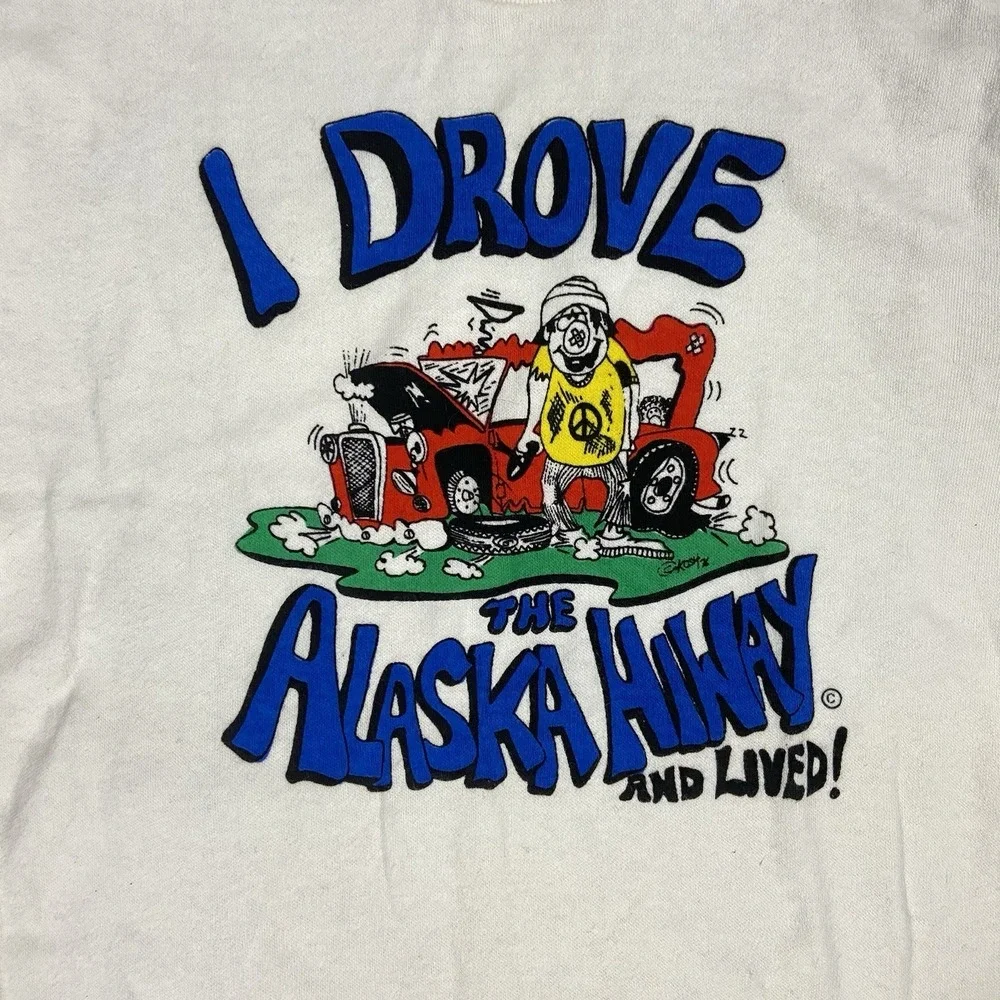 Vintage 70s I Drove The Alaska Hiway T-Shirt Size 20 White Hippy Car Graphic